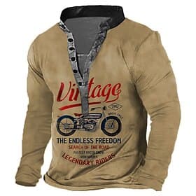 Men's Motorcycle T Shirt Henley Shirt Long Sleeve 3D Print Retro Vintage Casual Vacation Daily Going out Summer Khaki Henley Henley T-Shirt