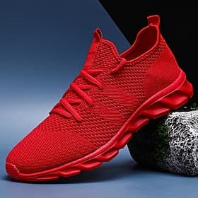 Men's Red Breathable Knit Sneakers - Lightweight Running Shoes with Cushioned Sole for Sports and Casual Wear