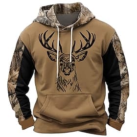 Men's Cowboy Deer Hoodies Daily Casual Vintage Retro Long Sleeve Hooded Vacation Sports Outdoor Streetwear Black Yellow Brown Print Front Pocket Spring   Fall