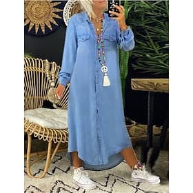 Women's Denim Dress Mini Dress Buttons Pocket Casual Shirt Collar Long Sleeve Black Blue Dark Blue Color