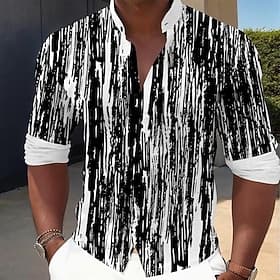 Men's Line Dress Shirt Button Up Shirt Long Sleeve Casual Daily Home Vacation Summer Spring   Fall Grandad Collar Band Collar 3D Print Blue Black Brown Green