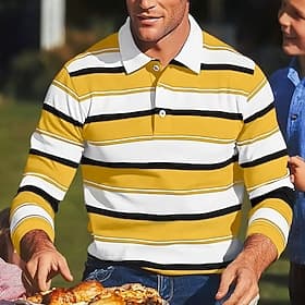 Herre Rugby polo skjorter Golf polo skjorter Afslappet Sport Knaphul Klassisk Langærmet Mode Basale Farveblok Stribe Stribe Efterår Vinter Regulær Gul Rød Lill