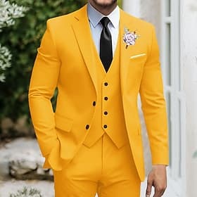 Men's Tuxedos Suits Beach Wedding Spring Wedding Yellow Sage Spring  Summer Suit Notch Lapel Dress Solid Colored Slim Fit 3 Piece Single Breasted Two-buttons