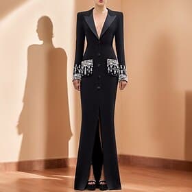 Women's Tuxedo Dress A-Line Mermaid Wedding Formal Stretch Crepe Elegant Glittering Long Sleeve Floor Length Shirt Collar Single Breasted