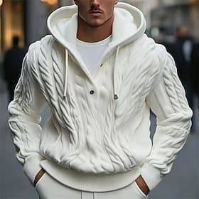 Men's Pullover Sweater Jumper Knit Sweater Ribbed Cable Knit Regular Buttons Drawstring Plain Hooded Fashion Basic Daily Wear Date Clothing Apparel Fall  Winte