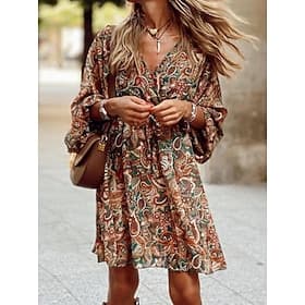 Women's Mini Dress Casual Dress A Line Dress Boho Dress Vintage Ethnic Casual Daily Regular Fit Floral Long Sleeve V Neck Brown Summer Spring Fall