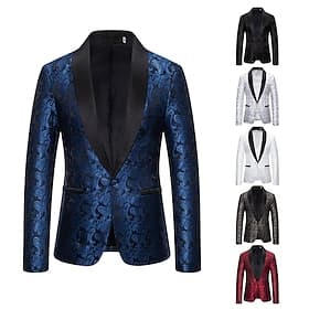 Men's Blazer Business Cocktail Party Wedding Party Fashion Casual Spring Fall Polyester Paisley Pocket Buttons Comfortable Single Breasted Blazer Silver Dark