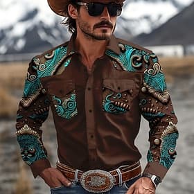 Men's Floral Western Shirt Cowboy Shirt Long Sleeve Western Sport Spring Fall Turndown Patchwork Yellow Red Brown Green Gray