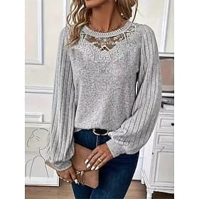 Women's Elegant Lace Tops Eyelet Blouse Casual Solid Color Regular Tops Long Sleeve Crew Neck Lace Patchwork Regular Fit Daily Gray Romantic Petite Tops Summer