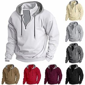 Men's Hoodie Quarter Zip Hoodie Fleece Hoodie Tactical Hoodie Black White Wine Red Khaki Hooded Plain Patchwork Half Zip Work Sports  Outdoor Casual Streetwear
