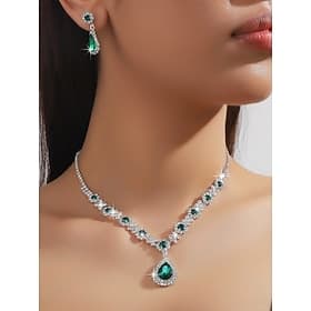 Green Teardrop Crystal Jewelry Set - Necklace and Earrings with Rhinestone Accents for Women, Perfect for Weddings and Formal Events