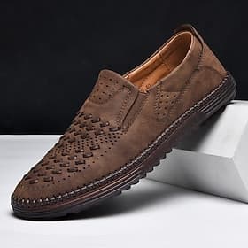 Men's Brown Suede Breathable Slip-On Loafers – Stylish Woven Design Casual Shoes for Summer, Lightweight  Comfortable Walking Footwear