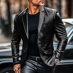 Herren Blazer Büro Arbeit Straße Tasche Mode Lässig Frühling Herbst Polyurethan Polyester Einfach Tasche Lässig / Alltäglich Einreihig Blazer Schwarz