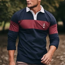 Men's Striped Rugby Polo Shirts Long Sleeve Polo Shirts Collared Shirts Business Casual Outdoor Dailywear Wear to work 3D Print Buttons Spring Fall Winter Ink