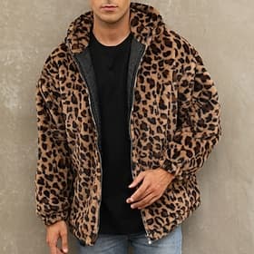 Men's Winter Jacket Fleece Jacket Faux Fur Coat Daily Vacation Thermal Warm Pocket Fleece Fall  Winter Leopard Print Fashion Streetwear Hooded Regular Yellow B
