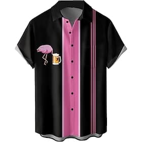 Men's Flamingo Oktoberfest Beer Bowling Shirt Button Up Shirt Short Sleeve Hawaiian Casual Casual Athleisure Summer Spring Turndown Pocket Pink
