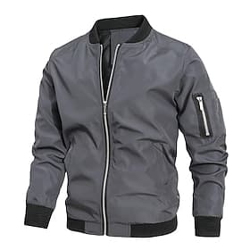 Men's Bomber Jacket Transition Jacket Going out Pocket All Seasons Plain Classic Stand Collar Regular Black Navy Blue Gray Jacket