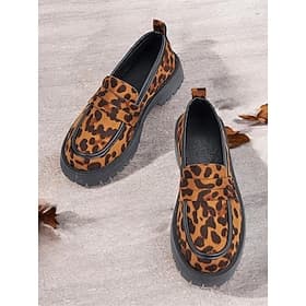 Women's Leopard Print Chunky Loafers - Suede Slip-On Shoes with Rugged Sole, Perfect for Casual and Streetwear Styles