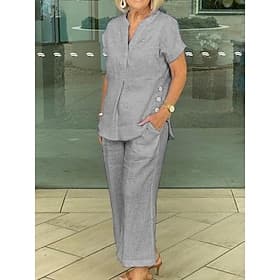 Women's 100%cotton Shirt Cotton Linen Sets Two Piece Sets Linen Pants Short Sleeve Solid Color Blue Navy Blue Gray Summer Regular Fit