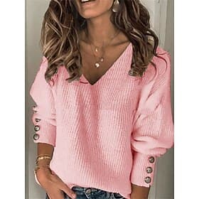 Women's Sweater Casual Soft Pure Color Ribbed V Neck Buttons Knitted Long Sleeve Regular Tops Knit Outdoor Daily Weekend Black White Fall Winter