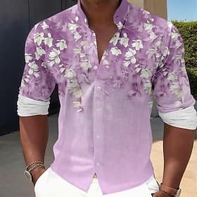 Men's Floral Dress Shirt Button Up Shirt Long Sleeve Hawaiian Casual Daily Vacation Party Evening Wear Summer Spring   Fall Grandad Collar Band Collar 3D Print