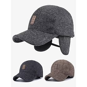 Men's Winter Woolen Baseball Cap with Ear Flaps – Warm and Stylish Herringbone Pattern Hat, Available in Gray, Dark Gray, and Brown, Perfect for Outdoor Activi