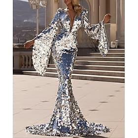 Meerjungfrauenschnitt Hofschleppe Abiballkleider Abendkleid Ballkleid Festliche Kleidung Party Langarm V Ausschnitt Hochzeit Hochzeitsgast Paillettenbesetzt mi
