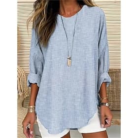 Women's Shirt Linen-feel Shirts Patchwork Striped Daily Stylish Modern Long Sleeve Crew Neck Regular Tops Daily Vacation Party Blue Gray Spring Fall