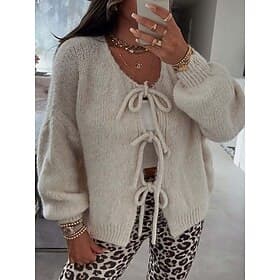 Women's Sweater Cardigan Crew Neck Ribbed Knit Knitted Fall Winter Outdoor Daily Weekend Casual Soft Long Sleeve Pure Color Pink Beige