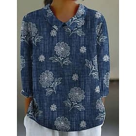 Femmes Chemise Faux coton lin Graphique ancien Quotidien Élégant manche longue Col de chemise Quotidien Travail Soirée Bleu Jaune Vert Printemps Automne