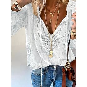 Women's Boho Lace Blouse V Neck Long Sleeve Casual Patchwork Solid Color White Shirt for Spring Summer
