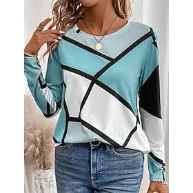 Women's T shirt Crew Neck Long Sleeve Tunic Casual Color Block Print Regular Tops Daily Pink Navy Blue Blue Purple Spring Fall
