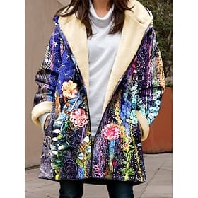 Women's Fleece Jacket Teddy Coat Hoodie Jacket Warm Breathable Zipper Pocket Fleece Lined Casual Floral Vacation Street Daily Wear Going out Zipper Long Hoodie