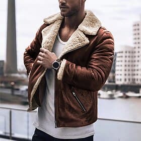 Men's Faux Leather Jacket Fleece Jacket Sherpa Jacket Daily Vacation Thermal Warm Pocket Fleece Fall  Winter Plain Fashion Streetwear Lapel Regular Black Brown