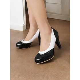 Women's Vintage-Style Black and White High Heel Pumps with Brogue Detailing, Elegant Dress Shoes for Formal Occasions