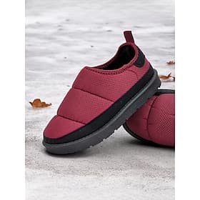 Women's Red Quilted Winter Slippers with Non-Slip Sole – Warm Indoor and Outdoor Slip-On Shoes for Cold Weather