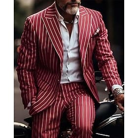 Men's Blazer Suits Business Cocktail Party Wedding Party Fashion Casual Spring   Fall Polyester Stripes Pocket 2 Piece Comfortable Single Breasted Blazer Red B