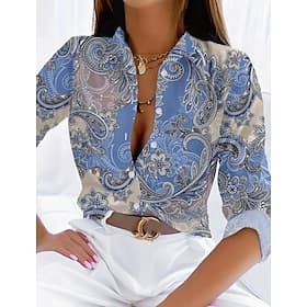 Women's Shirt Button Down Tunic Shirt Collar Long Sleeve V Neck Blue Spring Fall Winter