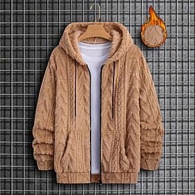 Men's Flannel Fleece Jacket Formal Home Warm Pocket Fall Winter Solid Color Textured Active Neutral Hooded Regular Black Khaki Gray Jacket