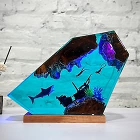 Handmade Ocean Resin Night Light, Great White Shark and Couple Diver Night Light, USB Wooden Table Lamp for Home  Office Decor, Unique Art Ornament  Christmas