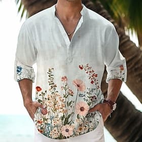 Men's Flower / Plants Summer Hawaiian Shirt Aloha Shirt Long Sleeve Hawaiian Beach Vacation Spring Fall V Neck Buttons White