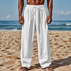 Men's Linen Pants Trousers Summer Pants Beach Pants Drawstring Elastic Waist Straight Leg Plain Comfort Breathable Full Length Casual Daily Holiday Vacation Fa