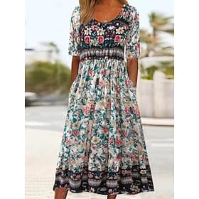 Women's Maxi Dress Boho Dress Casual Dress Swing Dress A Line Dress Casual Daily Fall Dress Regular Fit Floral Short Sleeve V Neck Blue Black Navy Blue Royal B