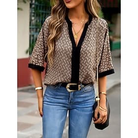 Women's Shirt Blouse Casual Print 3/4 Length Sleeve Regular Tops V Neck Daily White Pink Brown Summer Spring   Fall