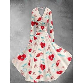 Women's Heart Graphic Print V Neck Dolman Sleeve Midi Dress Vintage Valentine's Day Daily Long Sleeve Spring Fall