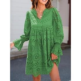 Women's Casual Dress Mini Dress Eyelet Casual V Neck Long Sleeve White Green Color