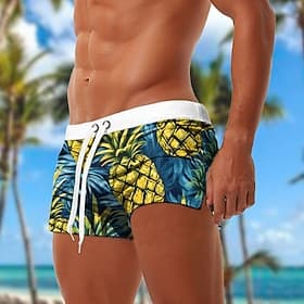 Men's Pineapple Tropical Plants Swim Trunks Swim Shorts Board Shorts Mid Waist Fashion Designer Beach Surfing Holiday Drawstring Elastic Waist 3D Print Designe