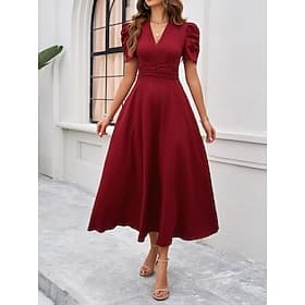 Women's Casual Dress Maxi Dress Ruched Casual V Neck Short Sleeve Pink Wine Navy Blue Color