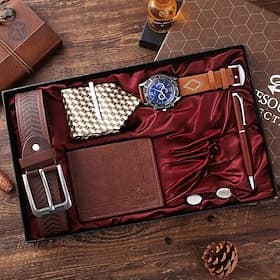 6 Pcs/Set Men's Gift Set with Box Leather Belt Wallet Tie Cufflinks Watch Pen Gifts for Men