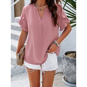 Women's Shirt Blouse Basic Casual Ruffle Short Sleeve Regular Tops Daily Pink Blue Khaki Summer